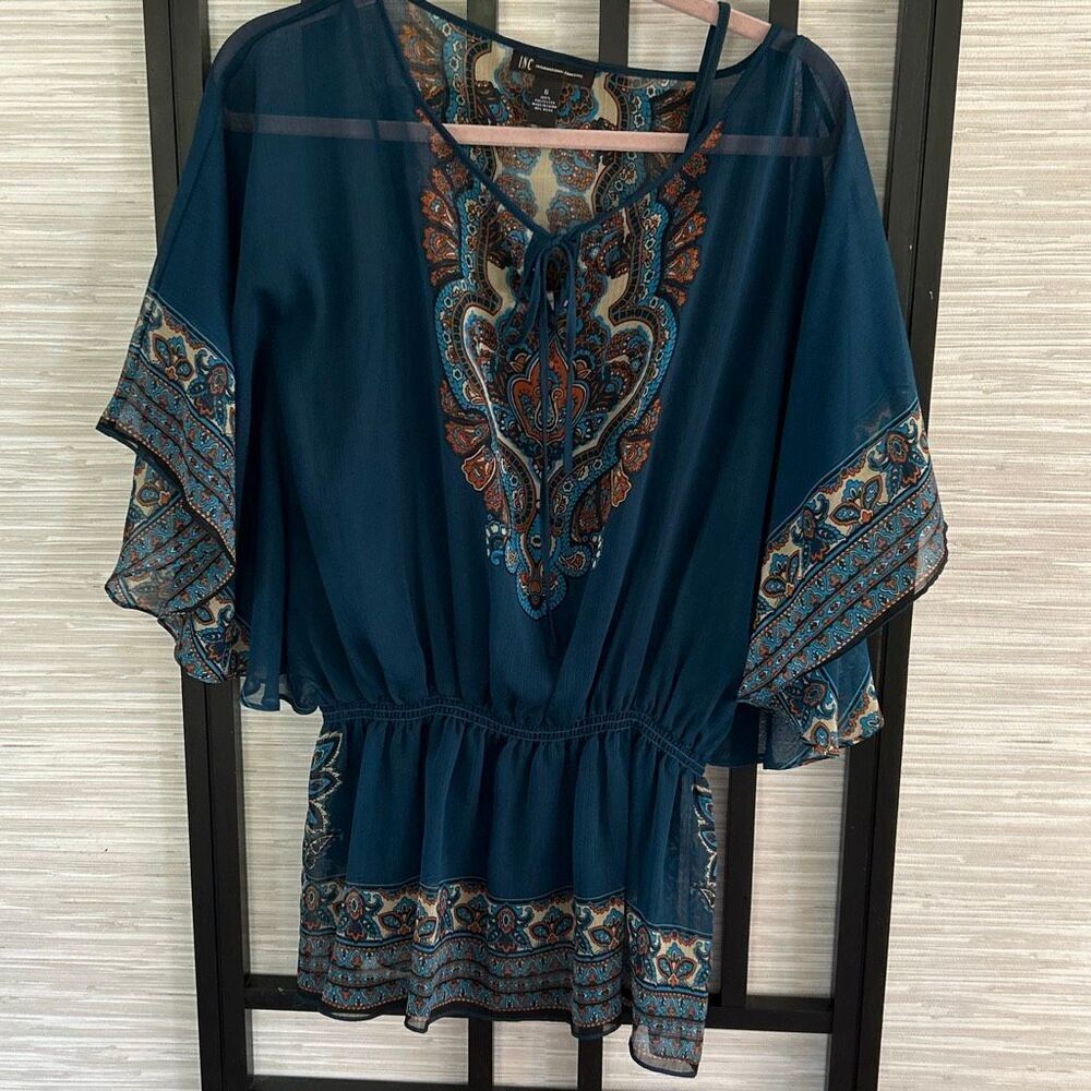 Inc internationalāconcepts3 piece teal blue turquoise BoHo poncho top mesh slee